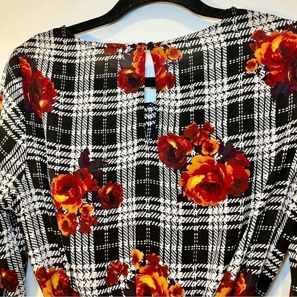 Anthropologie Black White Floral Plaid Long Puff Sleeve Sheer Peasant Blouse Top - Picture 7 of 9